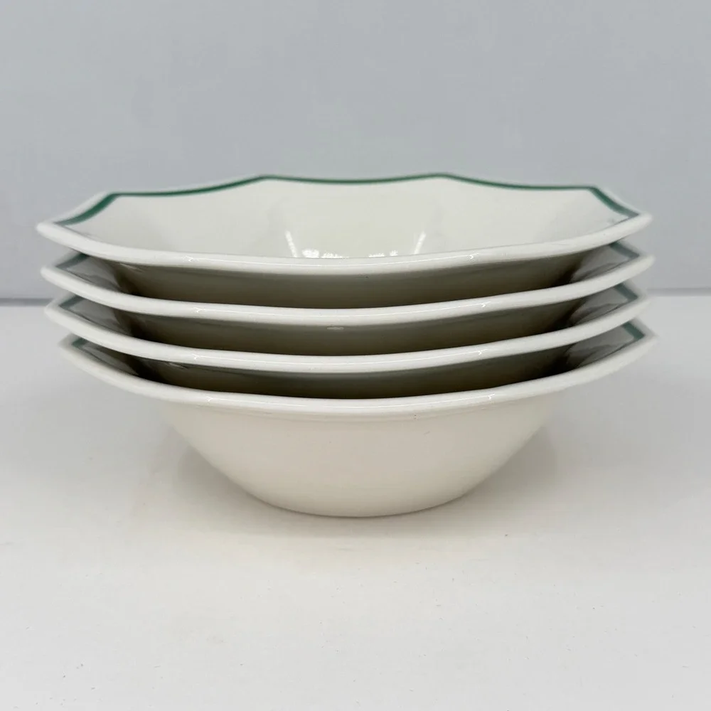 Nikko Christmastime Octagonal Cereal Bowls Set of 4 White Green Trim Japan